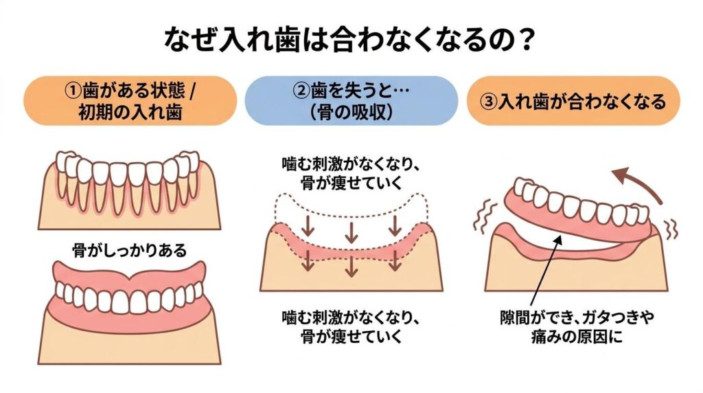 なぜ入れ歯は「合わなく」なってしまうのでしょうか？